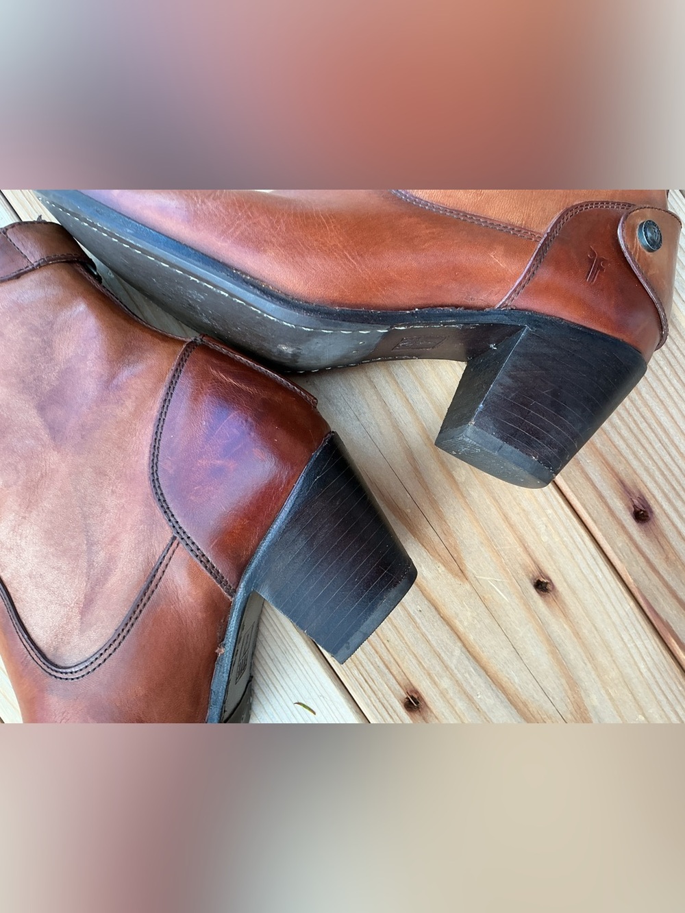 Frye Jackie Leather Ankle Boots 8B Cognac Brown Button Strap Western Block Heel - Picture 16 of 16